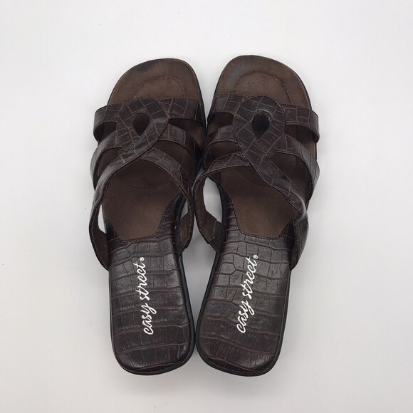 Easy Street Women's 9M Brown Sandals Faux Croc Print Open Toe Slides Mules Shoes - Picture 6 of 11